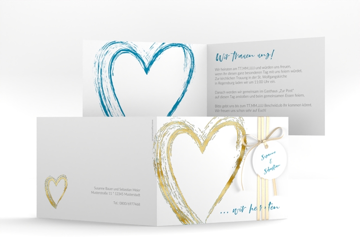 Hochzeitseinladung Liebe A6 Klappkarte quer tuerkis gold
