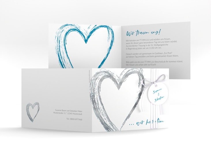 Hochzeitseinladung Liebe A6 Klappkarte quer tuerkis silber