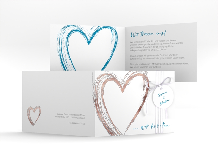Hochzeitseinladung Liebe A6 Klappkarte quer tuerkis rosegold
