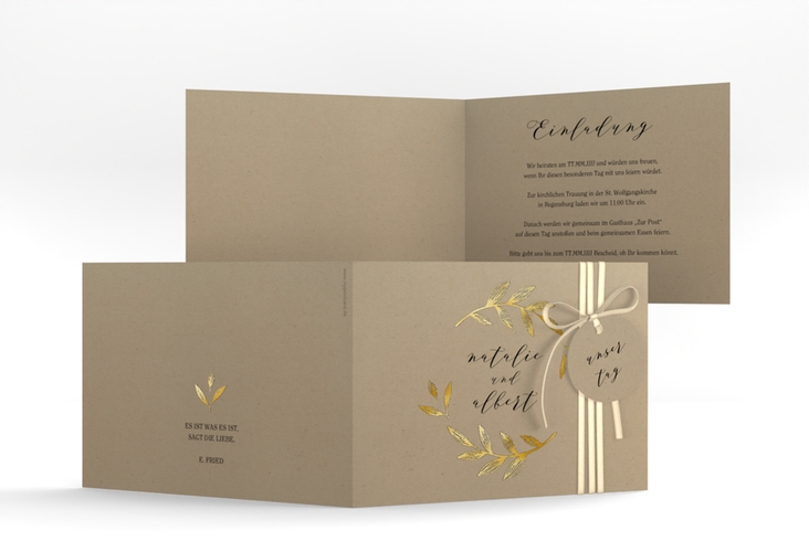 Hochzeitseinladung Naturelove A6 Klappkarte quer schwarz gold in Kraftpapier-Optik mit Blatt-Illustration