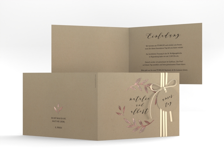 Hochzeitseinladung Naturelove A6 Klappkarte quer schwarz rosegold in Kraftpapier-Optik mit Blatt-Illustration