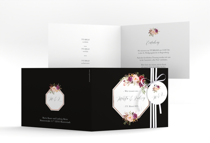 Hochzeitseinladung Prachtvoll A6 Klappkarte quer schwarz rosegold