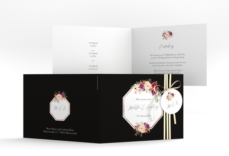 Hochzeitseinladung Prachtvoll A6 Klappkarte quer schwarz rosegold