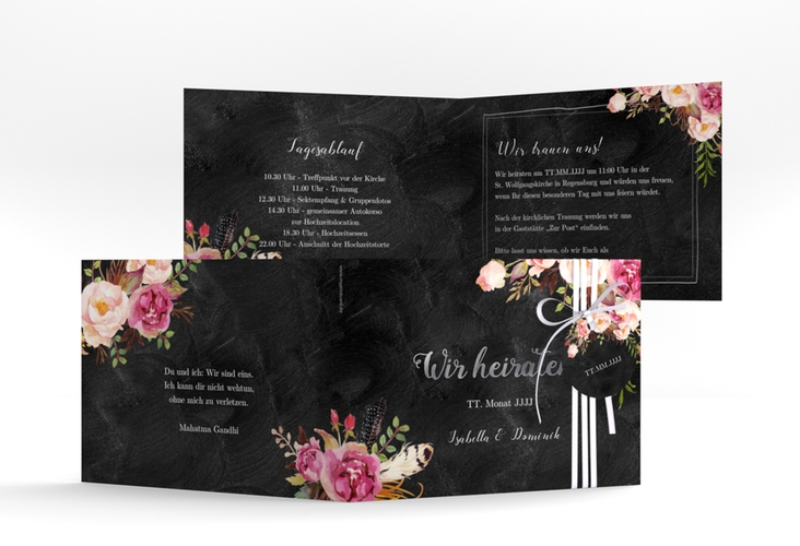 Hochzeitseinladung Flowers A6 Klappkarte quer schwarz silber mit bunten Aquarell-Blumen