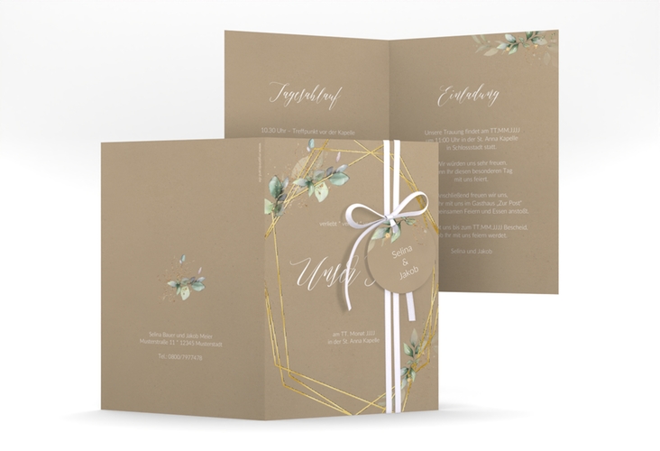 Hochzeitseinladung Greenish A6 Klappkarte hoch Kraftpapier gold