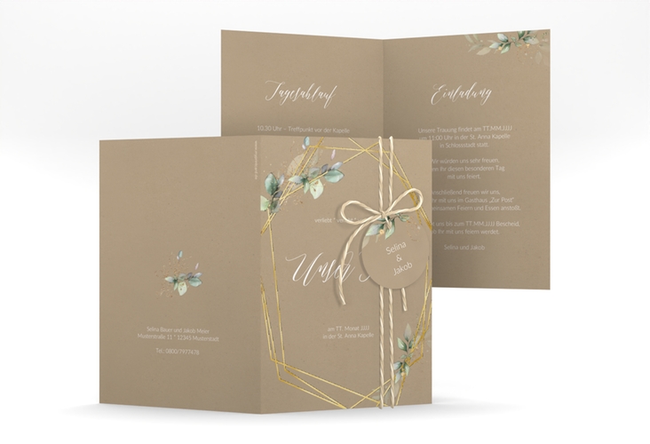 Hochzeitseinladung Greenish A6 Klappkarte hoch Kraftpapier gold