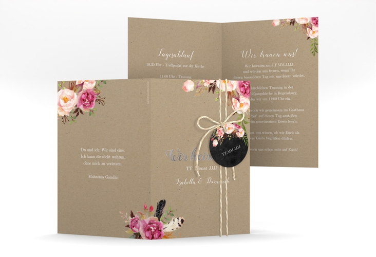 Einladungskarte Hochzeit Flowers A6 Klappkarte hoch Kraftpapier silber mit bunten Aquarell-Blumen