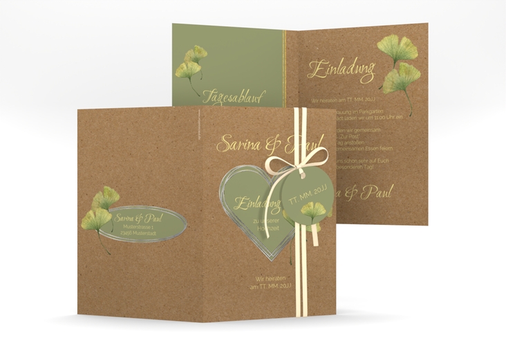 Einladungskarte Hochzeit Ginko A6 Klappkarte hoch Kraftpapier silber mit Herz und zwei Ginkgo-Blättern