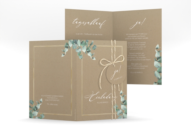 Einladungskarte Hochzeit Eucalypt A6 Klappkarte hoch Kraftpapier gold mit Eukalyptus und edlem Rahmen