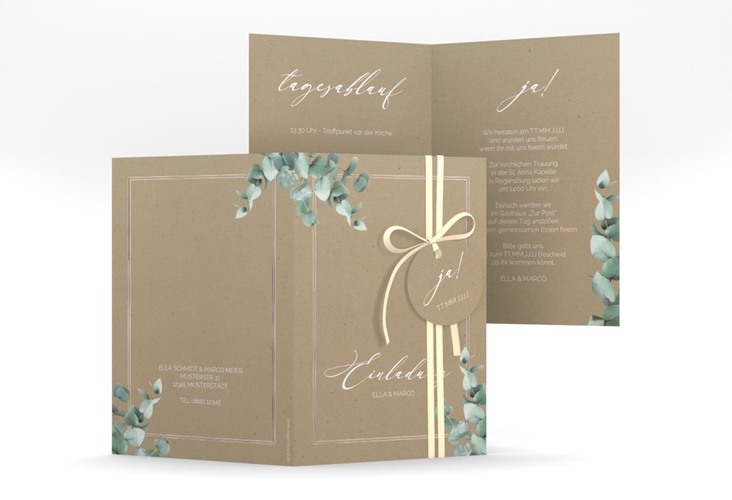 Einladungskarte Hochzeit Eucalypt A6 Klappkarte hoch Kraftpapier rosegold mit Eukalyptus und edlem Rahmen