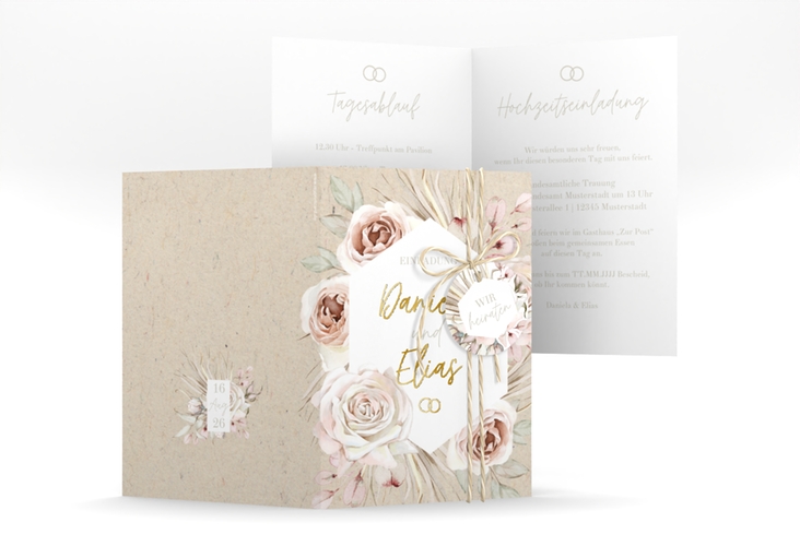 Einladungskarte Hochzeit Bohorose A6 Klappkarte hoch Kraftpapier gold