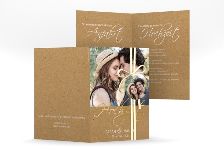 Einladungskarte Hochzeit Big Picture A6 Klappkarte hoch Kraftpapier gold mit Foto des Brautpaars