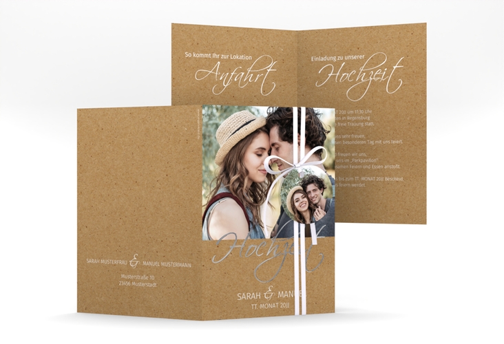 Einladungskarte Hochzeit Big Picture A6 Klappkarte hoch Kraftpapier silber mit Foto des Brautpaars