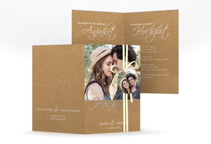 Einladungskarte Hochzeit Big Picture A6 Klappkarte hoch Kraftpapier silber mit Foto des Brautpaars