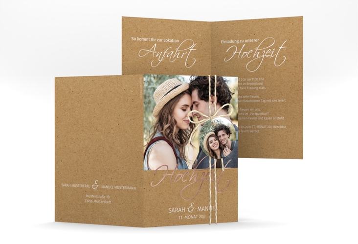 Einladungskarte Hochzeit Big Picture A6 Klappkarte hoch Kraftpapier rosegold mit Foto des Brautpaars
