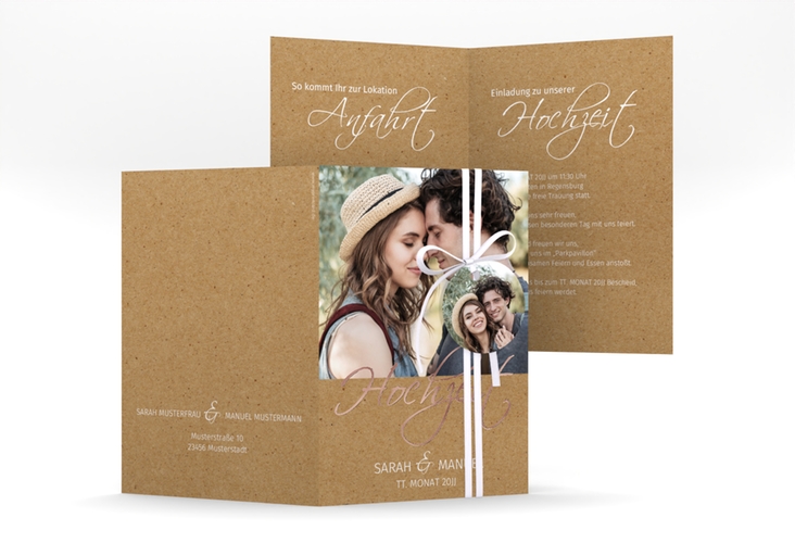 Einladungskarte Hochzeit Big Picture A6 Klappkarte hoch Kraftpapier rosegold mit Foto des Brautpaars