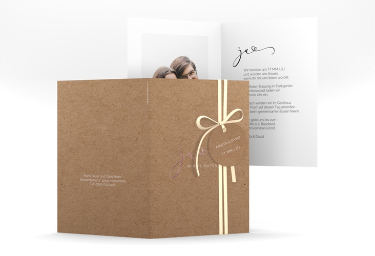 Hochzeitseinladung Jawort A6 Klappkarte hoch Kraftpapier rosegold modern minimalistisch mit veredelter Aufschrift