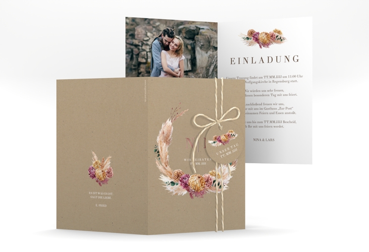 Einladungskarte Hochzeit Bohochic A6 Klappkarte hoch Kraftpapier rosegold mit Gräsern und Trockenblumen für Boho-Hochzeit