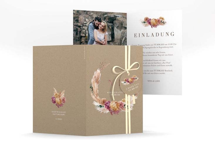 Einladungskarte Hochzeit Bohochic A6 Klappkarte hoch Kraftpapier rosegold mit Gräsern und Trockenblumen für Boho-Hochzeit