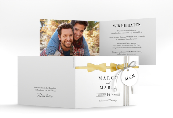 Hochzeitseinladung Suits A6 Klappkarte quer schwarz gold