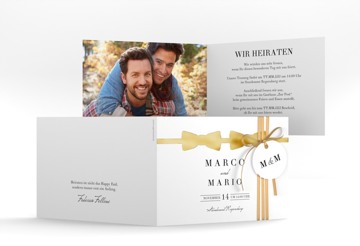 Hochzeitseinladung Suits A6 Klappkarte quer schwarz gold