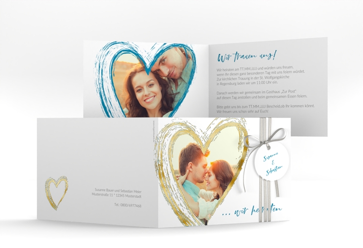 Hochzeitseinladung Liebe A6 Klappkarte quer tuerkis gold