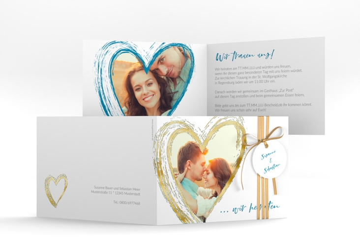Hochzeitseinladung Liebe A6 Klappkarte quer tuerkis gold