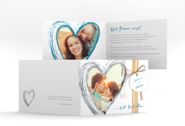 Hochzeitseinladung Liebe A6 Klappkarte quer tuerkis silber