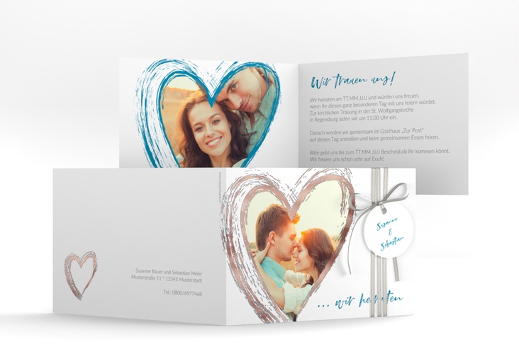 Hochzeitseinladung Liebe A6 Klappkarte quer tuerkis rosegold