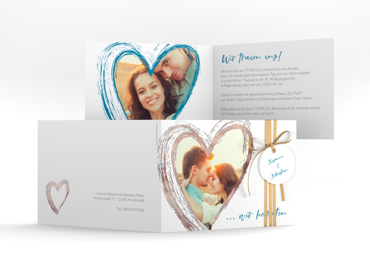 Hochzeitseinladung Liebe A6 Klappkarte quer tuerkis rosegold
