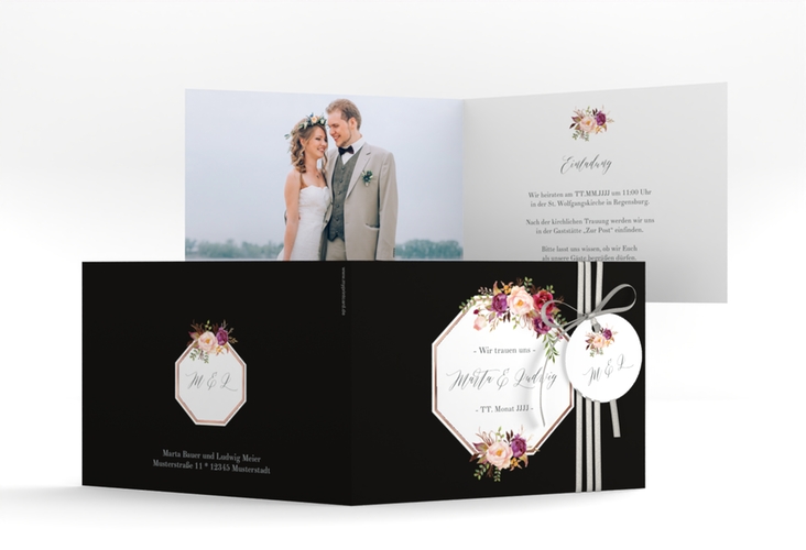 Hochzeitseinladung Prachtvoll A6 Klappkarte quer schwarz rosegold