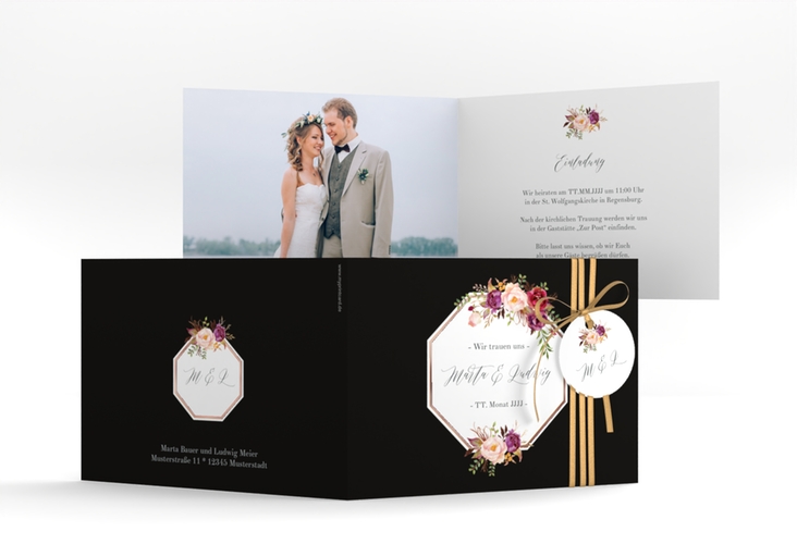 Hochzeitseinladung Prachtvoll A6 Klappkarte quer schwarz rosegold