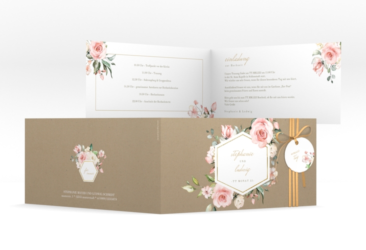 Hochzeitseinladung Graceful lange Klappkarte quer Kraftpapier gold mit Rosenblüten in Rosa und Weiß