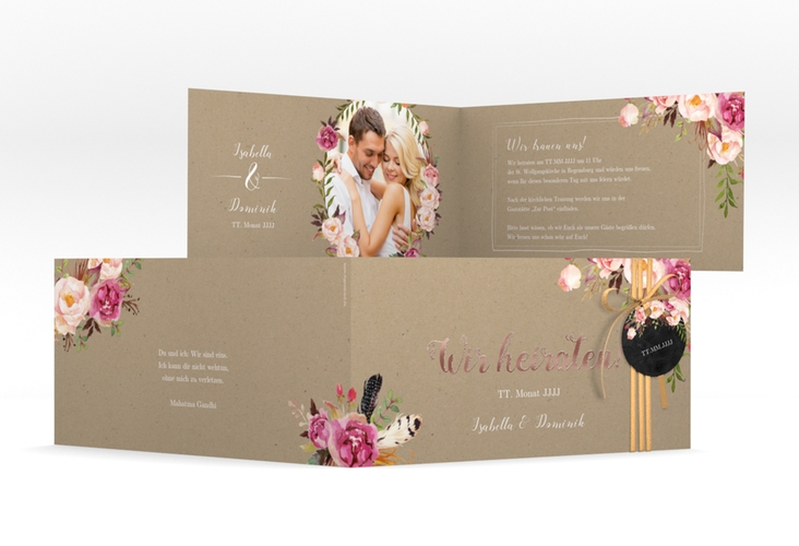 Hochzeitseinladung Flowers lange Klappkarte quer Kraftpapier rosegold mit bunten Aquarell-Blumen