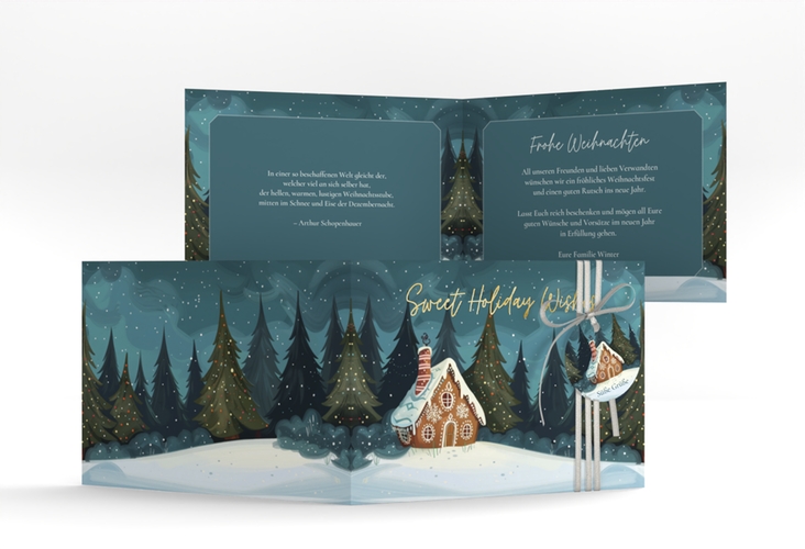 Weihnachtskarte Knusperhaus A6 Klappkarte quer tuerkis gold mit Lebkuchenhaus im Winterwald