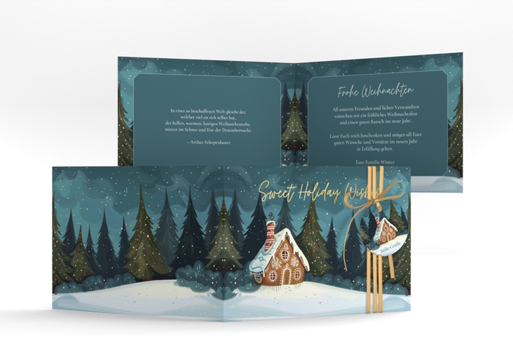 Weihnachtskarte Knusperhaus A6 Klappkarte quer tuerkis gold mit Lebkuchenhaus im Winterwald