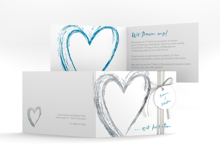 Hochzeitseinladung Liebe A6 Klappkarte quer tuerkis silber