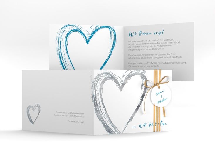 Hochzeitseinladung Liebe A6 Klappkarte quer tuerkis silber