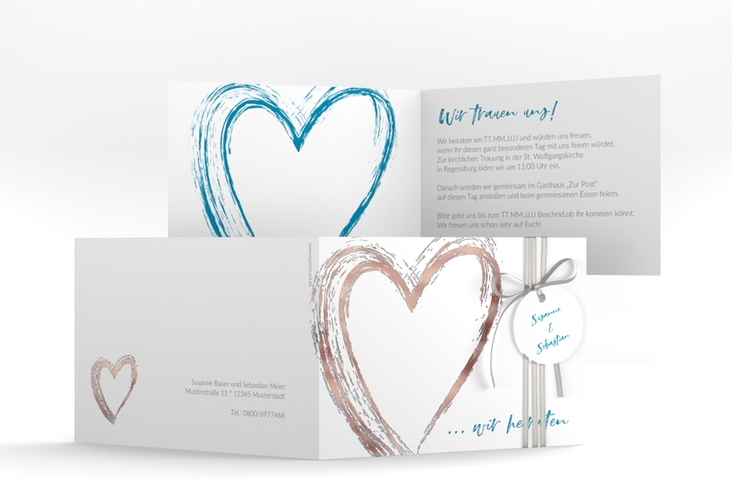 Hochzeitseinladung Liebe A6 Klappkarte quer tuerkis rosegold
