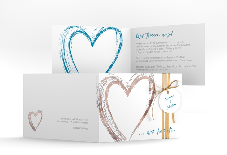 Hochzeitseinladung Liebe A6 Klappkarte quer tuerkis rosegold