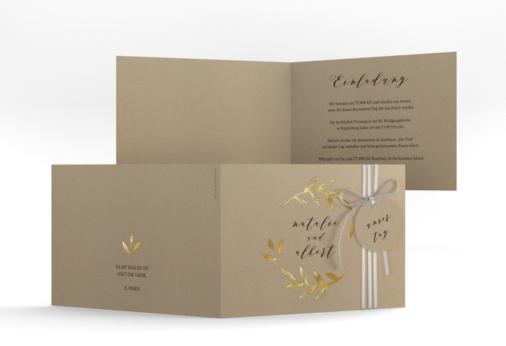 Hochzeitseinladung Naturelove A6 Klappkarte quer schwarz gold in Kraftpapier-Optik mit Blatt-Illustration