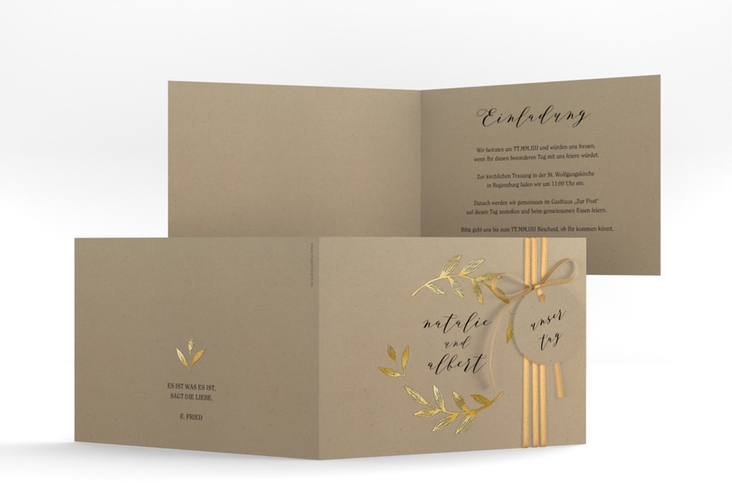 Hochzeitseinladung Naturelove A6 Klappkarte quer schwarz gold in Kraftpapier-Optik mit Blatt-Illustration