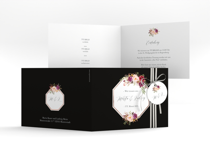 Hochzeitseinladung Prachtvoll A6 Klappkarte quer schwarz rosegold