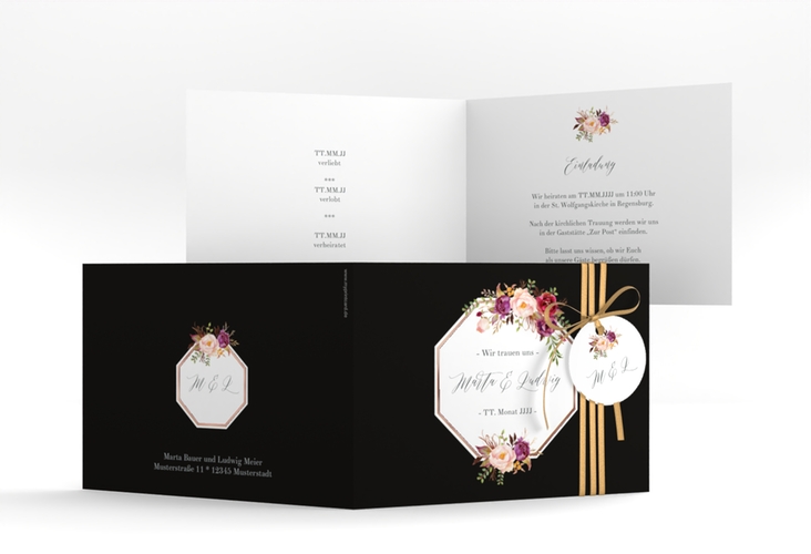 Hochzeitseinladung Prachtvoll A6 Klappkarte quer schwarz rosegold