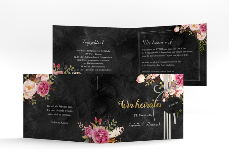 Hochzeitseinladung Flowers A6 Klappkarte quer schwarz gold mit bunten Aquarell-Blumen