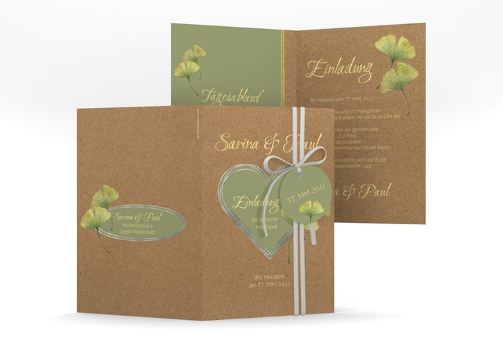 Einladungskarte Hochzeit Ginko A6 Klappkarte hoch Kraftpapier silber mit Herz und zwei Ginkgo-Blättern