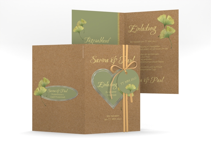 Einladungskarte Hochzeit Ginko A6 Klappkarte hoch Kraftpapier silber mit Herz und zwei Ginkgo-Blättern