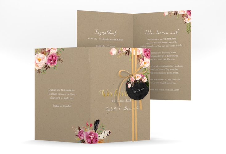 Einladungskarte Hochzeit Flowers A6 Klappkarte hoch Kraftpapier gold mit bunten Aquarell-Blumen
