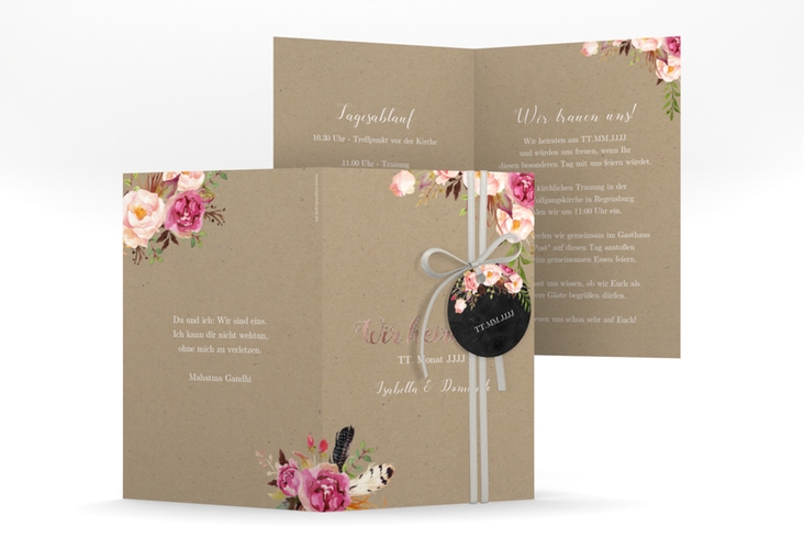 Einladungskarte Hochzeit Flowers A6 Klappkarte hoch Kraftpapier rosegold mit bunten Aquarell-Blumen