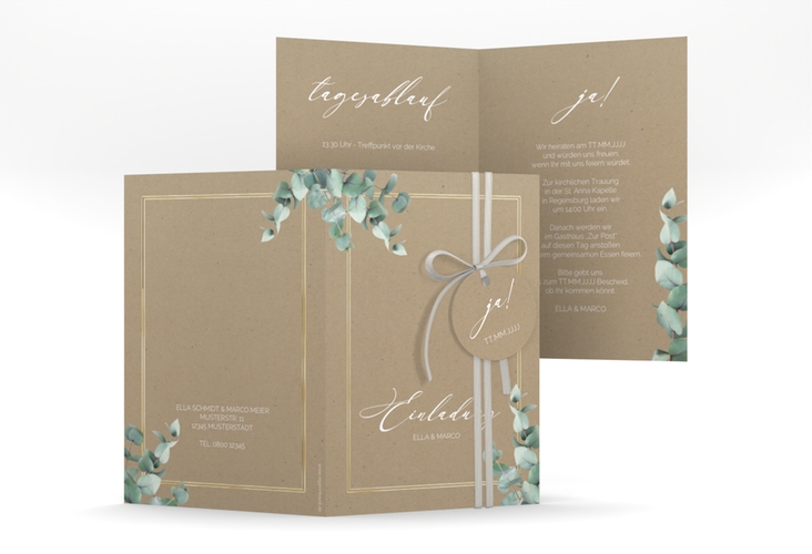Einladungskarte Hochzeit Eucalypt A6 Klappkarte hoch Kraftpapier gold mit Eukalyptus und edlem Rahmen